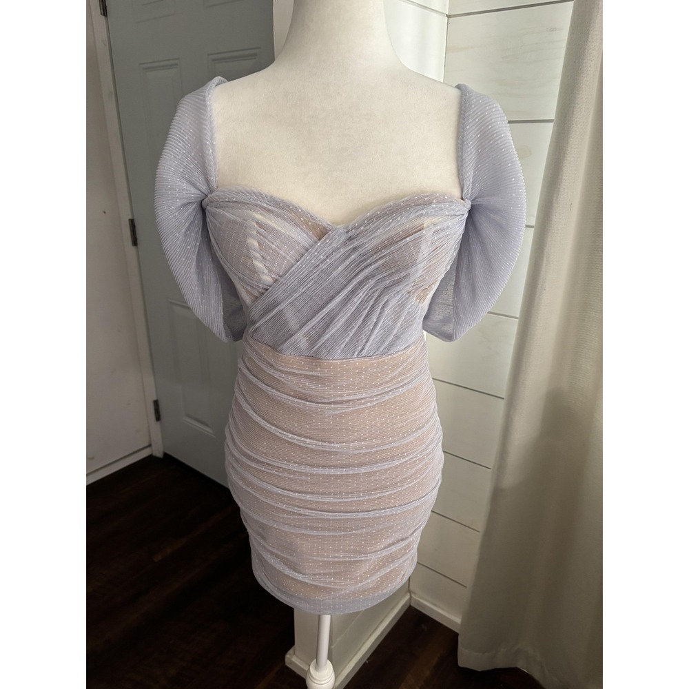 Miss Circle Dress Womens Small Blue Ruched Off Shoulder Bodycon Mini Party‎
